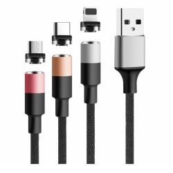 Kabel USB 3w1 Typ-C + mikroUSB + Lightning(iphone)1m 3A czarny magnetycz.-Kable i Przyłącza RTV i PC